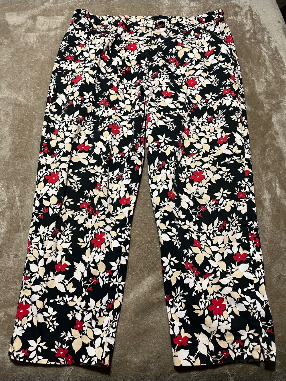 Floral Print Black, Cream & Red Pull-On Ponte capris